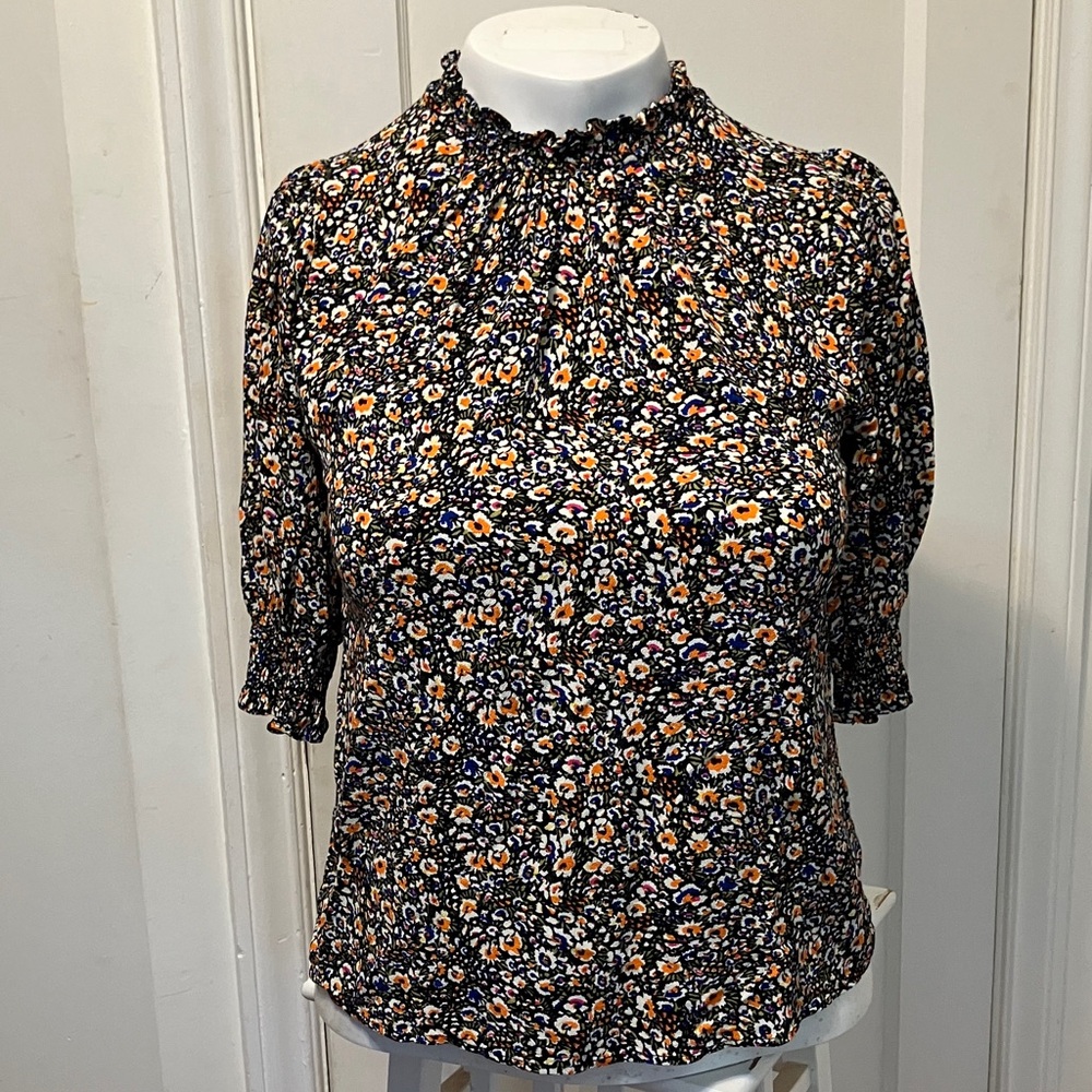 Floral Print Women's Top - Black and Orange